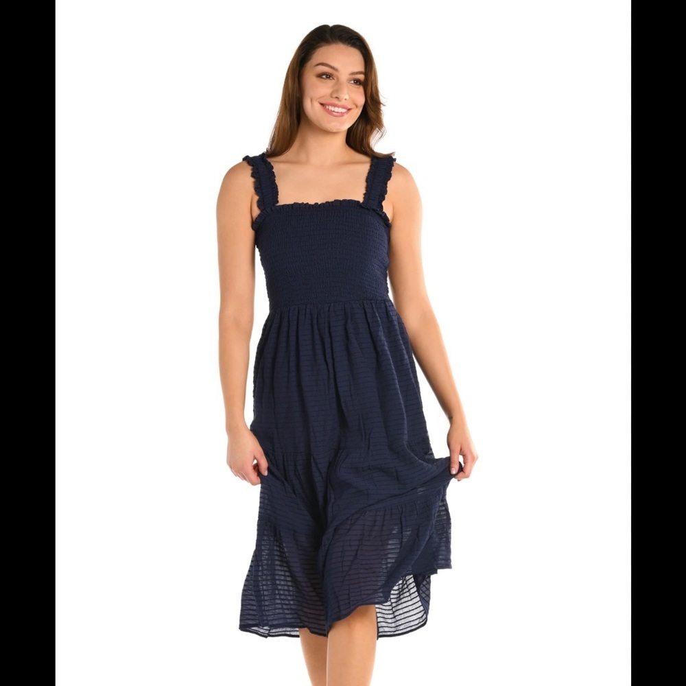 La Blanca Shadow Stripe Tiered Midi Dress - Indigo Size Medium